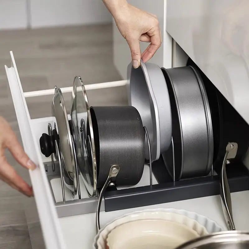 "Expandable Stainless Steel Kitchen Storage Rack – Pot, Pan, Lid & Cutting Board Organizer"