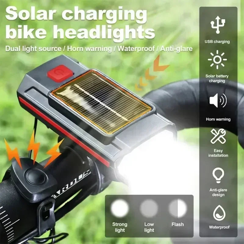 BUCKLOS Solar Bike Headlamp 250LM with Horn & USB Charging