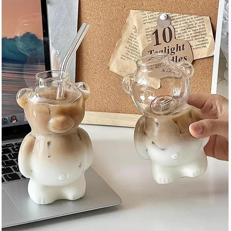 "Cartoon Bear Shaped Glass Mug with Straw – Cute Coffee Cup for Kids, Women, and Friends"