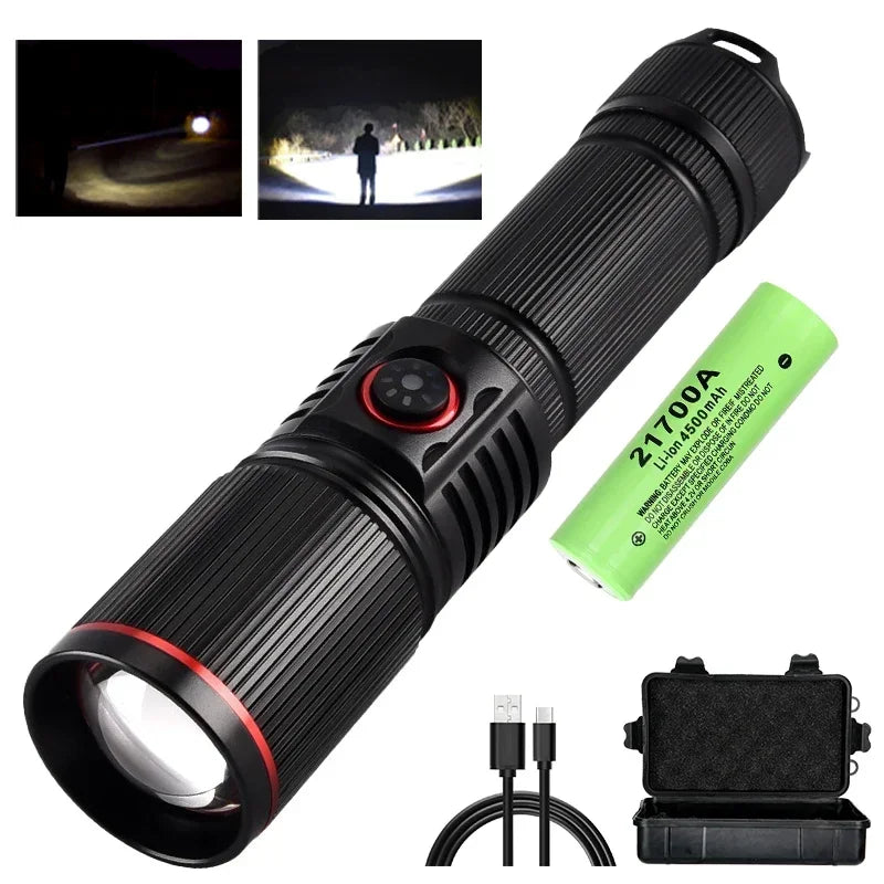 Rechargeable White Laser LED Flashlight - Zoomable Torch for Camping, Hunting, Outdoor & Fishing
