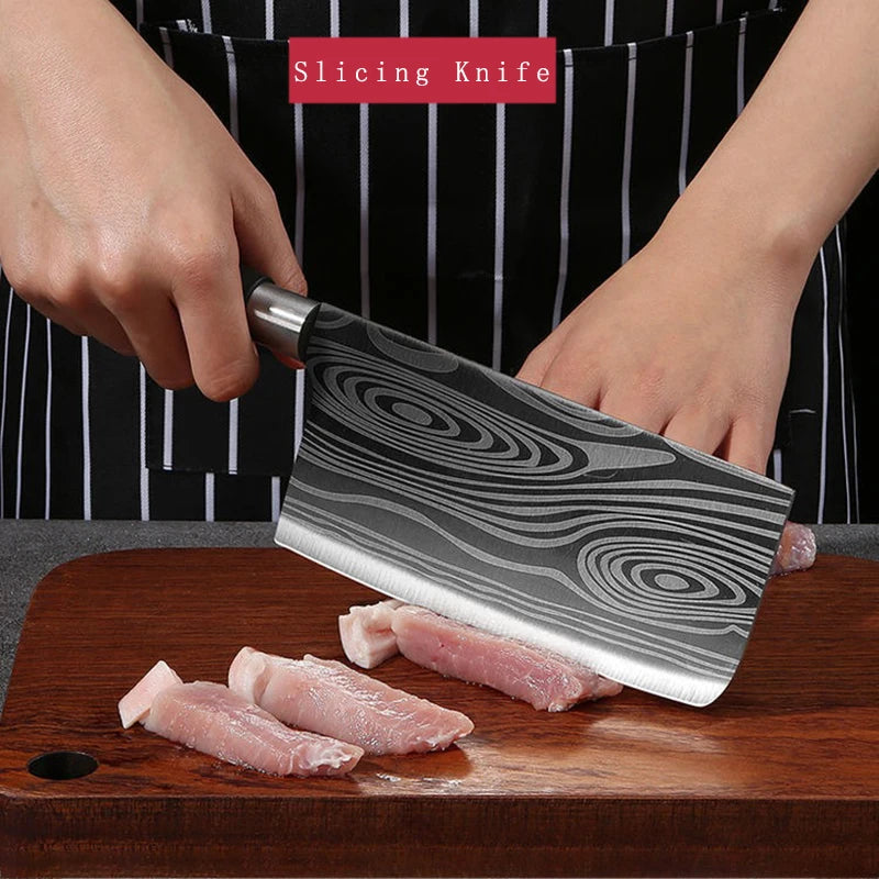 Laser Damascus Pattern Kitchen Knives Set with Scissors and Sharpening Rod
