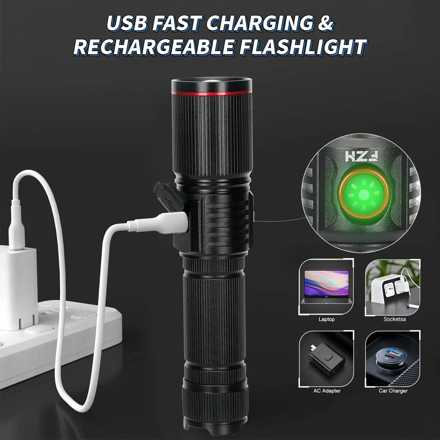 Rechargeable White Laser LED Flashlight - Zoomable Torch for Camping, Hunting, Outdoor & Fishing