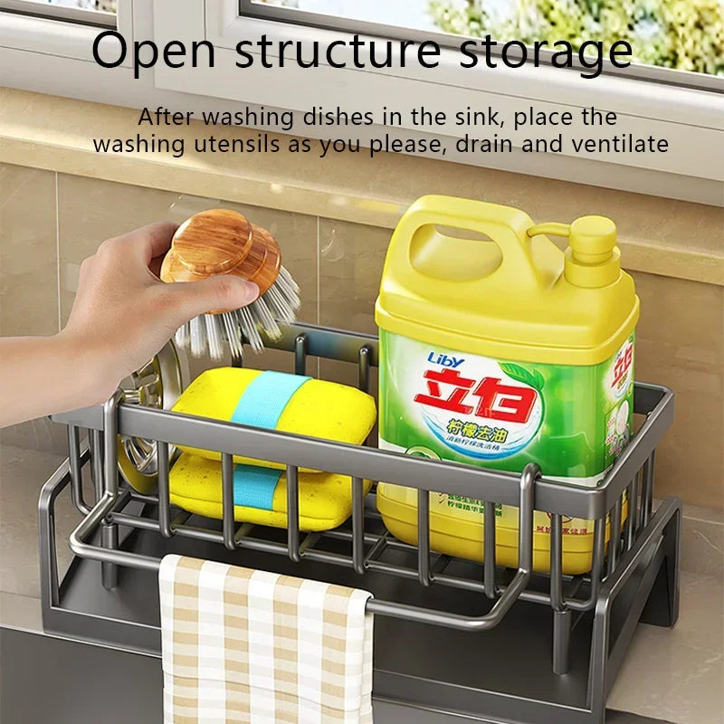 "Multi-Functional Kitchen Sponge Rack with Water Drainage – Dish Soap and Rag Organizer"