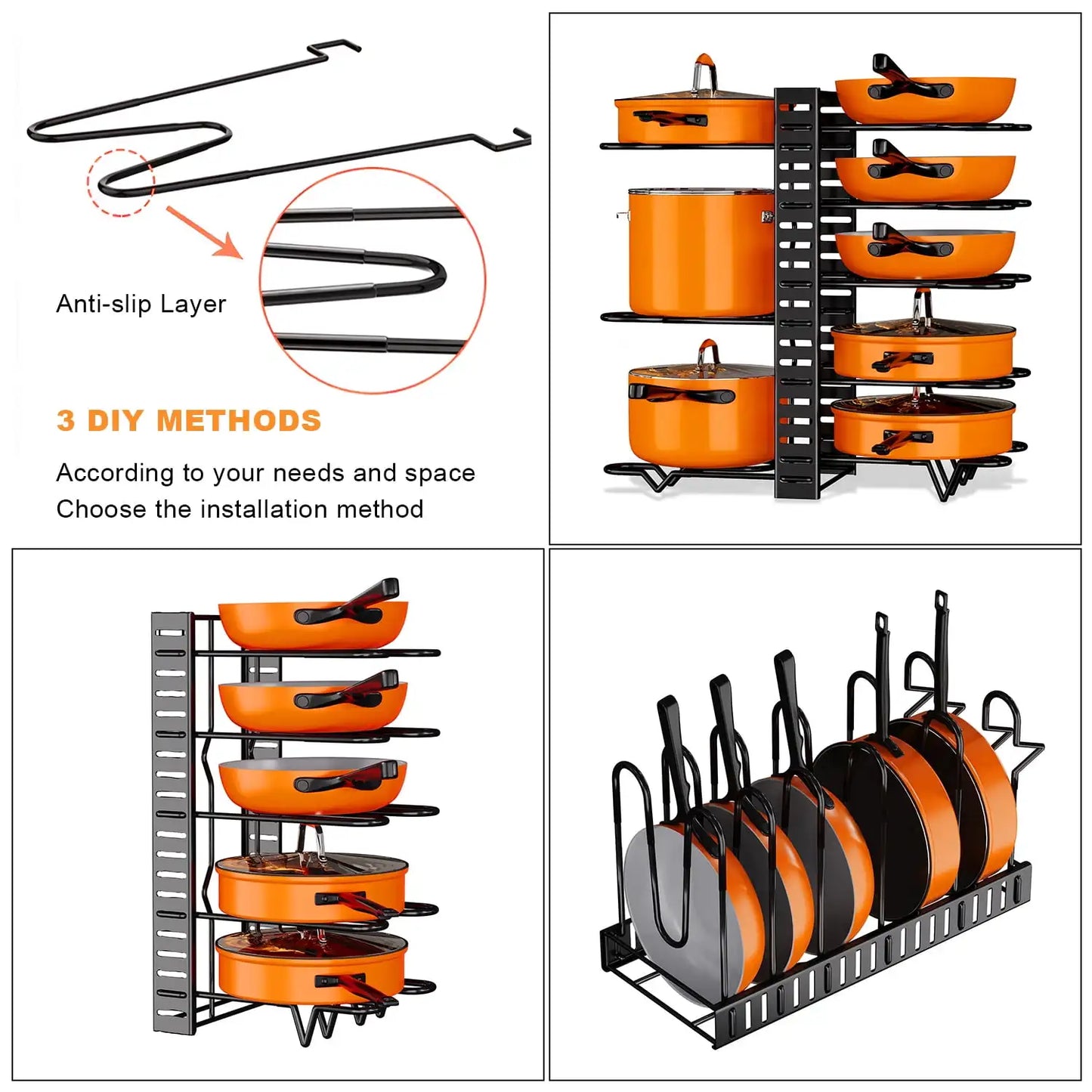 Tier Adjustable Pot and Pan Organizer Rack – Durable Kitchen Storage for Cookware and Lids"