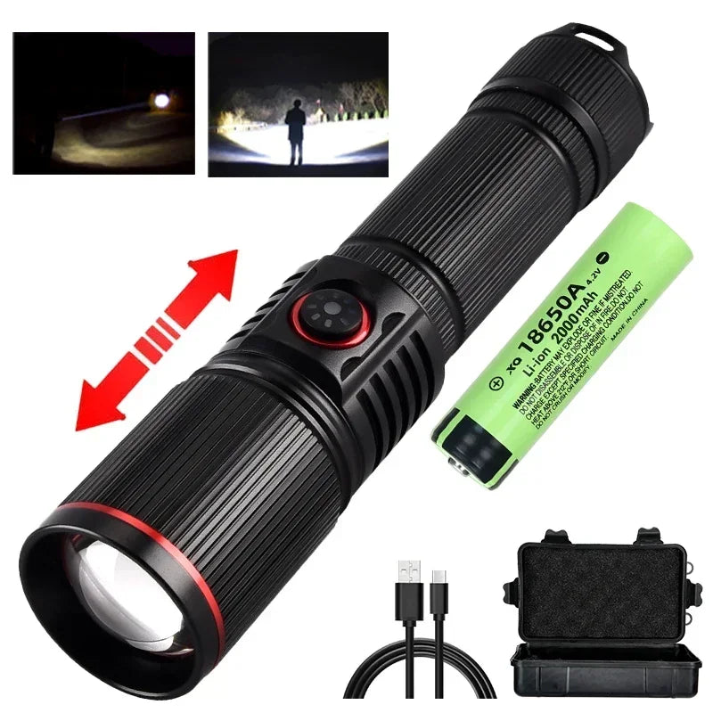 Rechargeable White Laser LED Flashlight - Zoomable Torch for Camping, Hunting, Outdoor & Fishing