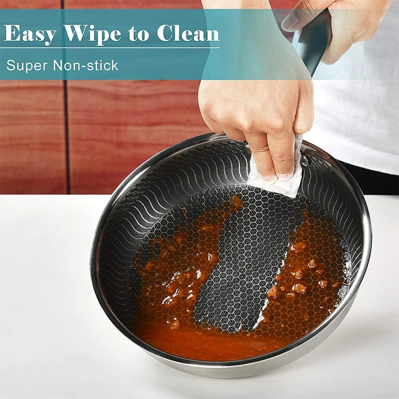 LMETJMA Stainless Steel Frying Pan Nonstick Honeycomb Fry Pan With Lid Induction Ceramic