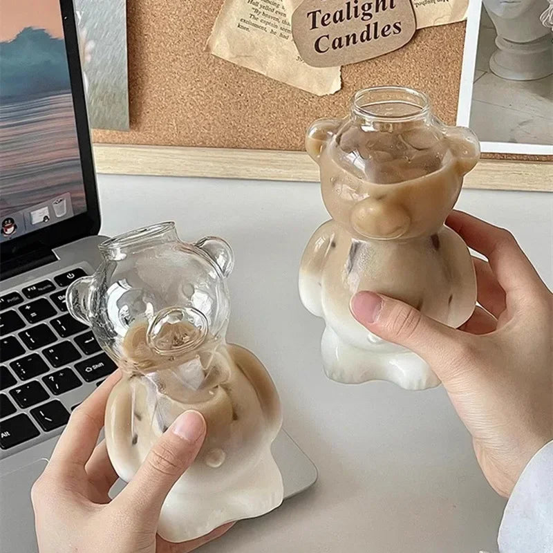 "Cartoon Bear Shaped Glass Mug with Straw – Cute Coffee Cup for Kids, Women, and Friends"