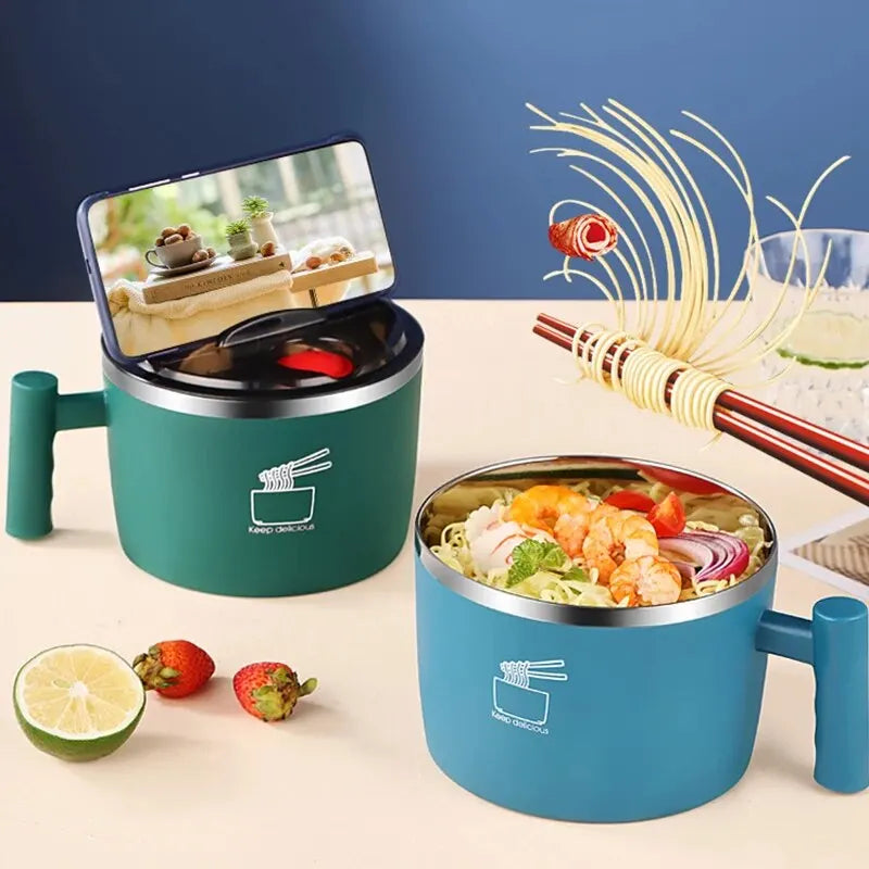 NoodleMate: Stainless Steel Instant Noodle Bowl with Drainage Lid