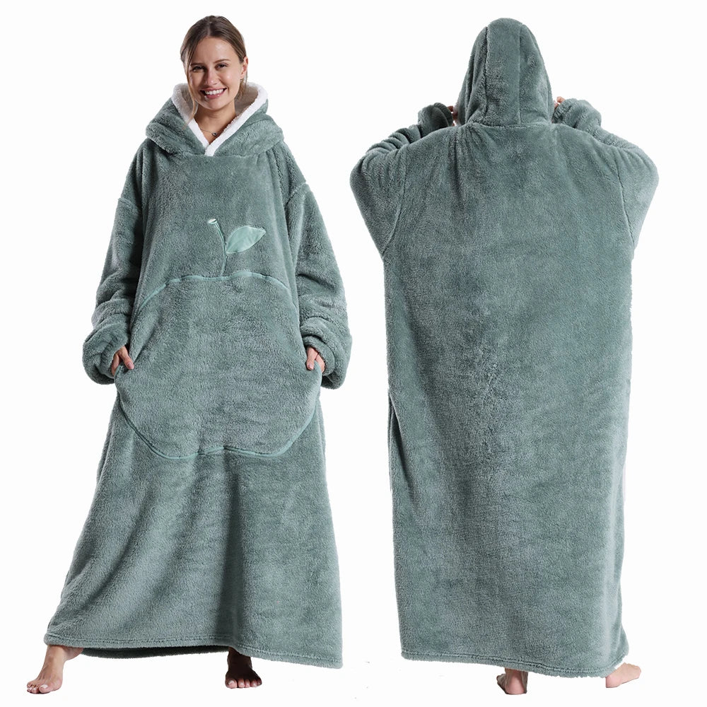Extra Long Wearable Flannel Hooded Blanket with Full Sleeves for Men and Women