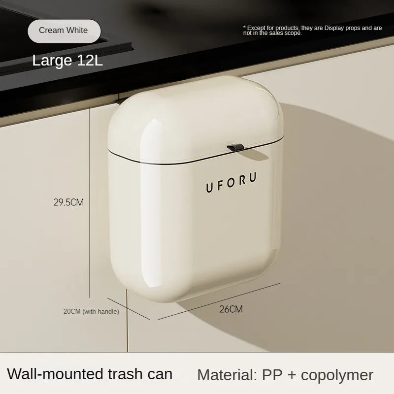 Cream Wall-Mounted Kitchen Trash Can with Lid – 9L/12L, No-Bend Design