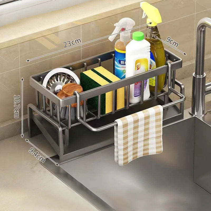 "Multi-Functional Kitchen Sponge Rack with Water Drainage – Dish Soap and Rag Organizer"
