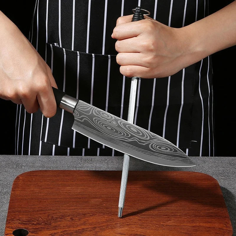Laser Damascus Pattern Kitchen Knives Set with Scissors and Sharpening Rod