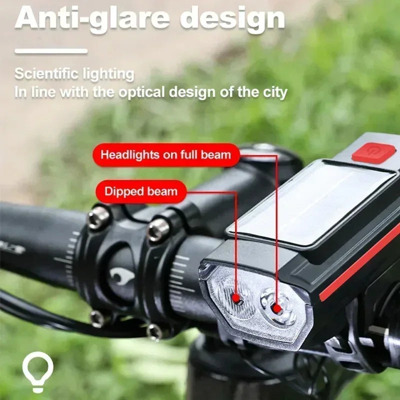 BUCKLOS Solar Bike Headlamp 250LM with Horn & USB Charging