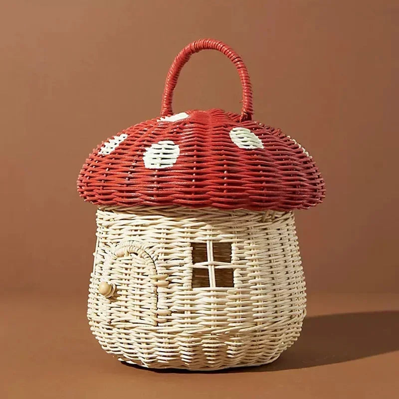 Rattan Woven Mushroom Basket – Portable Picnic & Toy Organizer for Kids