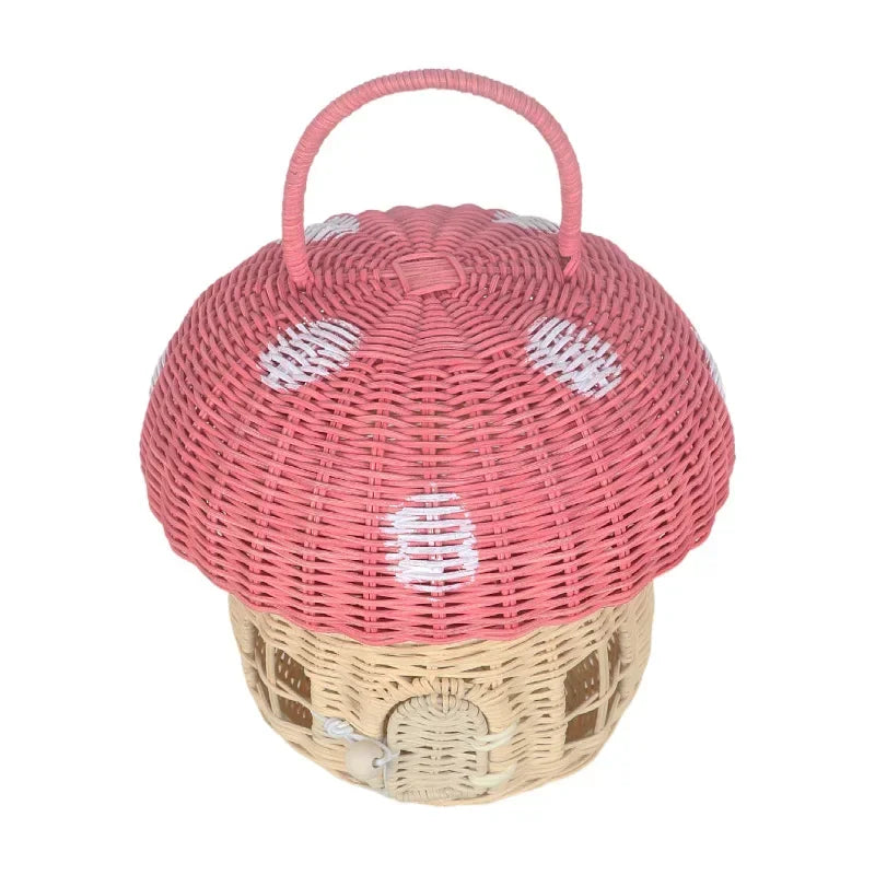 Rattan Woven Mushroom Basket – Portable Picnic & Toy Organizer for Kids
