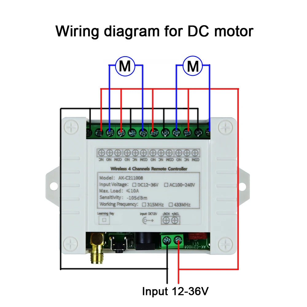 Smart Wireless 4-Channel Relay Switch 12V/24V/36V 10A with 433MHz RF Remote Control