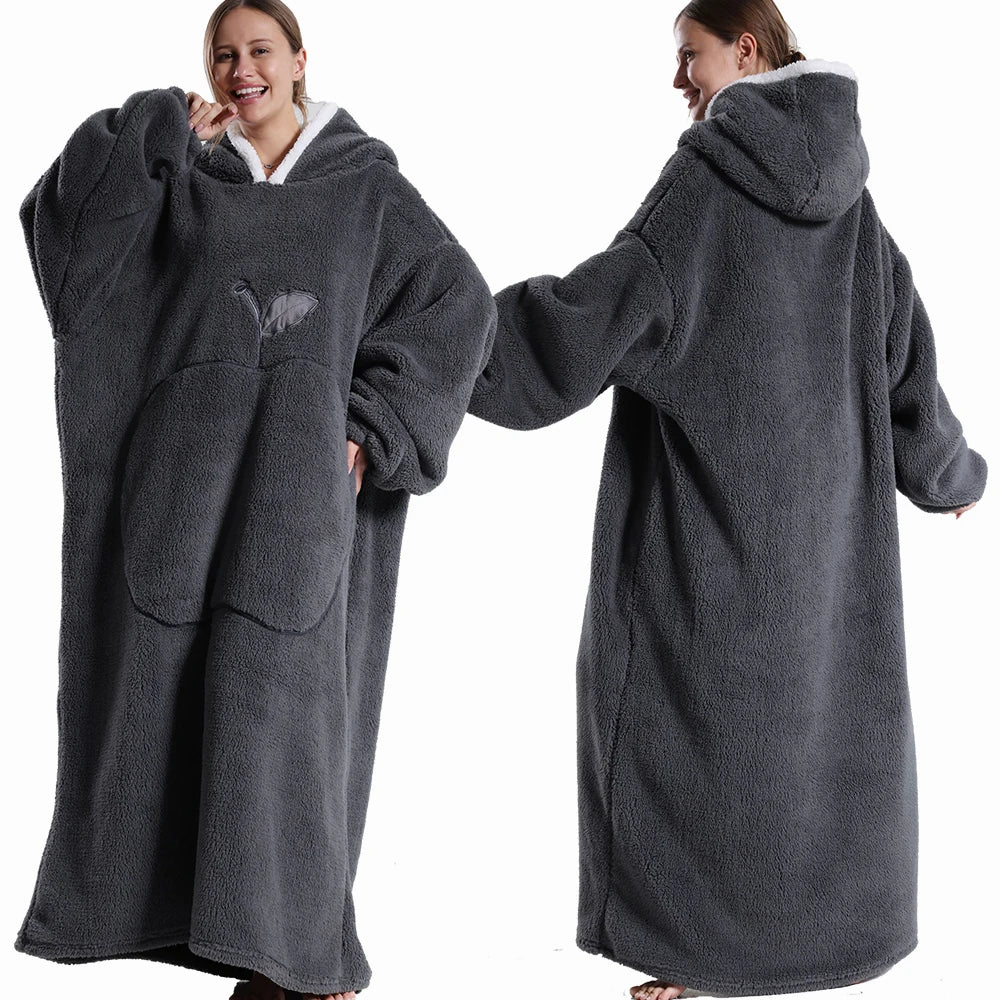 Extra Long Wearable Flannel Hooded Blanket with Full Sleeves for Men and Women