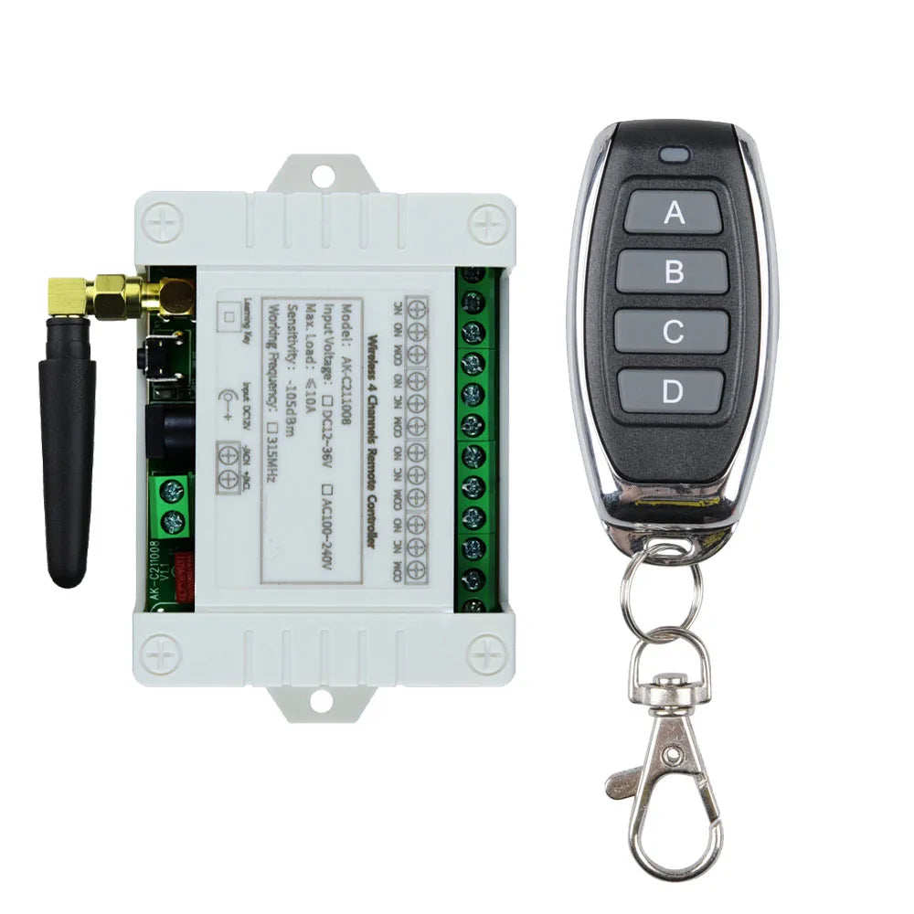Smart Wireless 4-Channel Relay Switch 12V/24V/36V 10A with 433MHz RF Remote Control