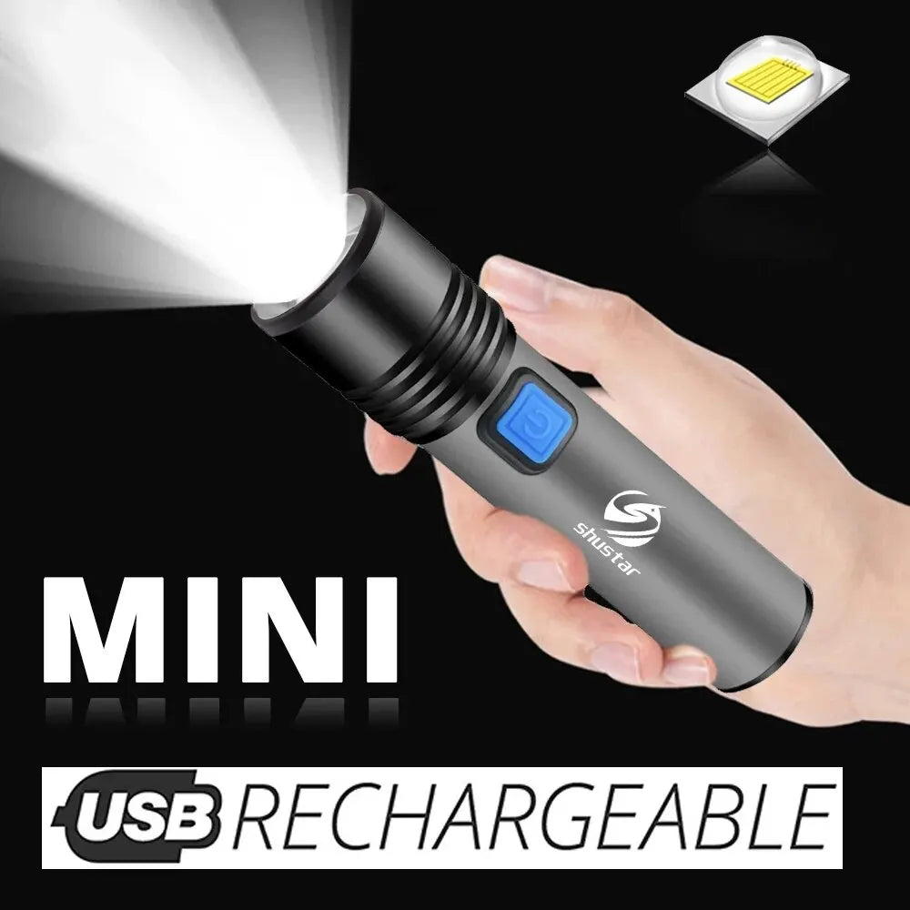 "LumiMax Zoom LED Flashlight – USB Rechargeable, Waterproof Camping Torch"