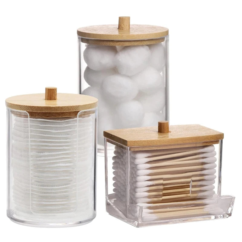 Clear Lid Bathroom Organizer Set – Qtip Holder, Cotton Ball & Swab Dispenser, Storage Jars