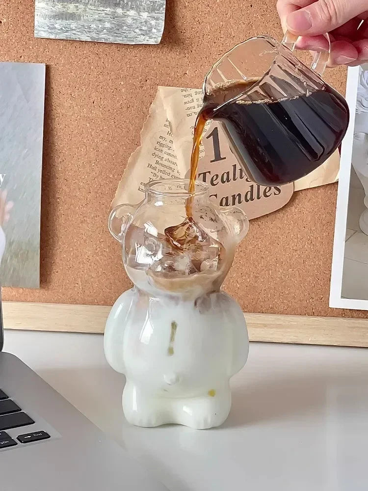 "Cartoon Bear Shaped Glass Mug with Straw – Cute Coffee Cup for Kids, Women, and Friends"