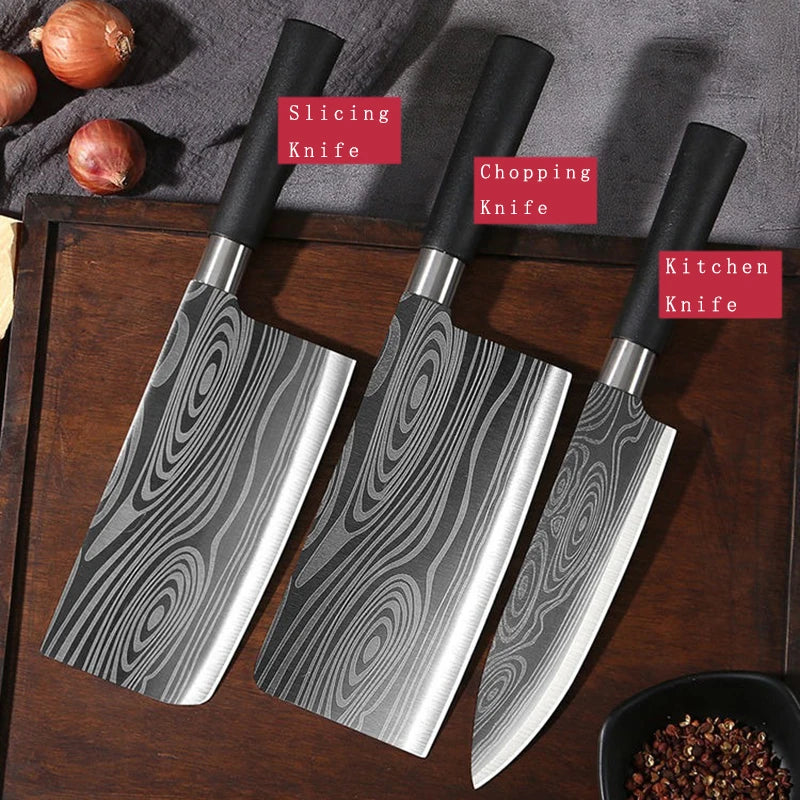 Laser Damascus Pattern Kitchen Knives Set with Scissors and Sharpening Rod