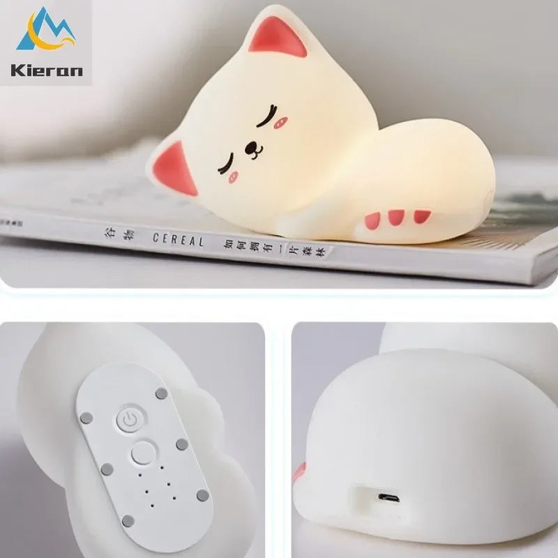 "Soft Silicone Cat LED Night Light – 7 Color USB Rechargeable Night Lamp for Kids and Babies"