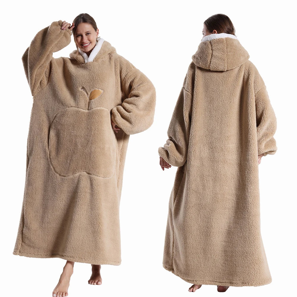 Extra Long Wearable Flannel Hooded Blanket with Full Sleeves for Men and Women