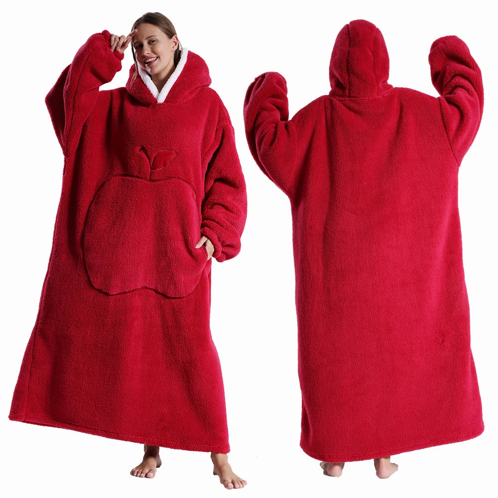 Extra Long Wearable Flannel Hooded Blanket with Full Sleeves for Men and Women