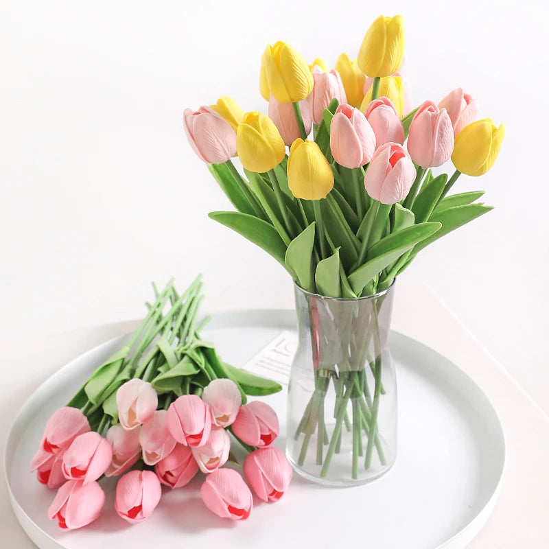 "Artificial Tulip Bouquet, 5/10 Pcs - Realistic PE Flowers for Home, Wedding, and Garden Decor"