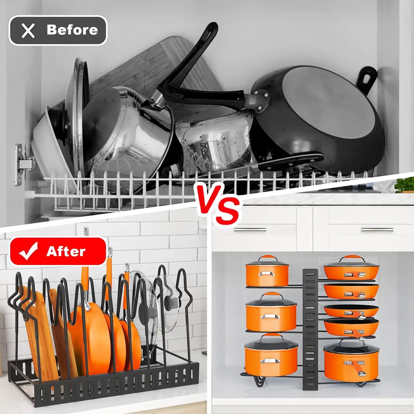 Tier Adjustable Pot and Pan Organizer Rack – Durable Kitchen Storage for Cookware and Lids"