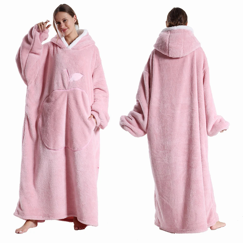 Extra Long Wearable Flannel Hooded Blanket with Full Sleeves for Men and Women