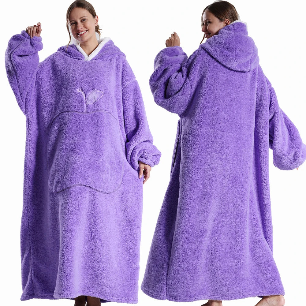 Extra Long Wearable Flannel Hooded Blanket with Full Sleeves for Men and Women