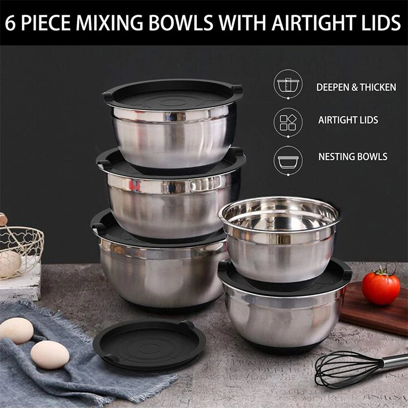 Set of Stainless Steel Mixing Bowls with Lids and Non-Slip Bases for Baking and Storage, LMETJMA JT227