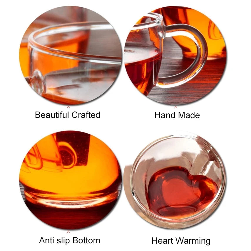 "Heart-Shaped Double Glass Mug Set – Romantic Coffee, Tea, and Espresso Cups"