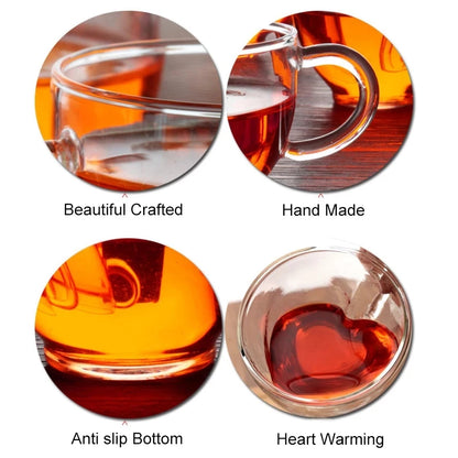 "Heart-Shaped Double Glass Mug Set – Romantic Coffee, Tea, and Espresso Cups"