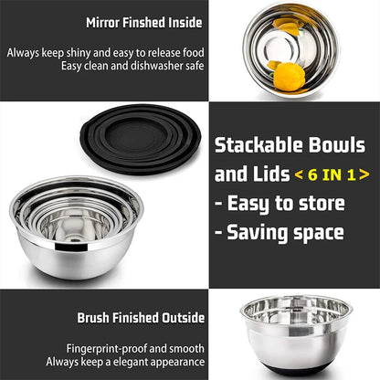 Set of Stainless Steel Mixing Bowls with Lids and Non-Slip Bases for Baking and Storage, LMETJMA JT227