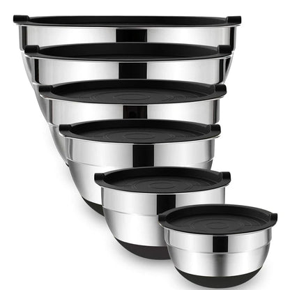 Set of Stainless Steel Mixing Bowls with Lids and Non-Slip Bases for Baking and Storage, LMETJMA JT227