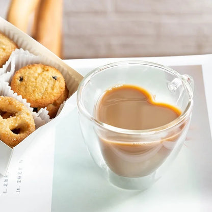 "Heart-Shaped Double Glass Mug Set – Romantic Coffee, Tea, and Espresso Cups"