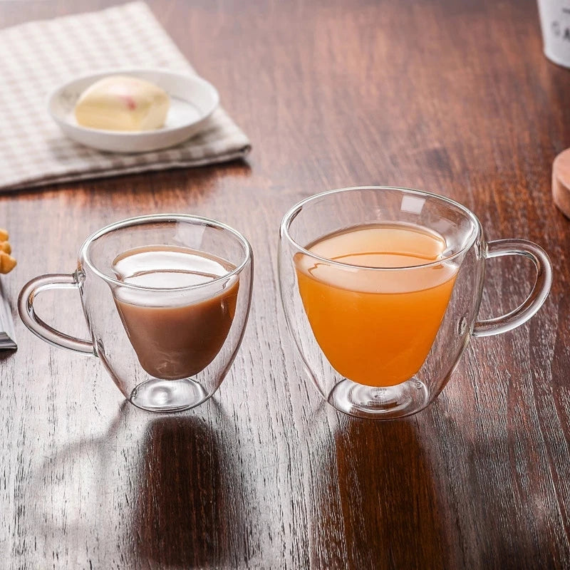 "Heart-Shaped Double Glass Mug Set – Romantic Coffee, Tea, and Espresso Cups"