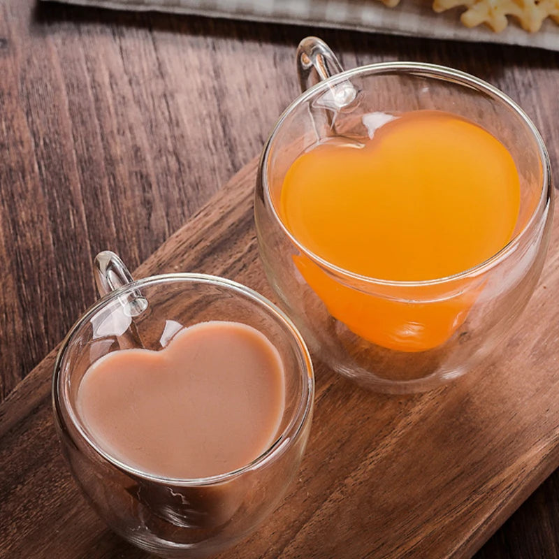 "Heart-Shaped Double Glass Mug Set – Romantic Coffee, Tea, and Espresso Cups"