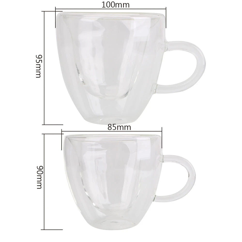 "Heart-Shaped Double Glass Mug Set – Romantic Coffee, Tea, and Espresso Cups"