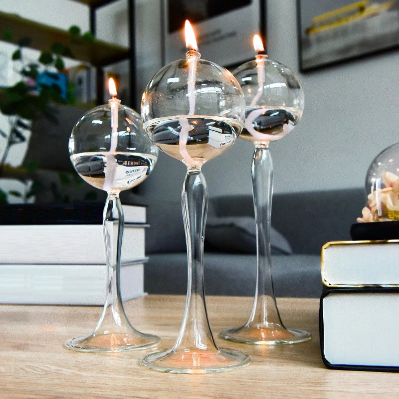 "Transparent Glass High Foot Candlestick for Oil Lamps and Candles – Rustic Wedding and Home Décor"