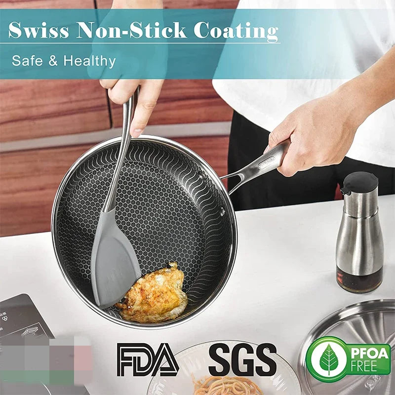 LMETJMA Stainless Steel Frying Pan Nonstick Honeycomb Fry Pan With Lid Induction Ceramic