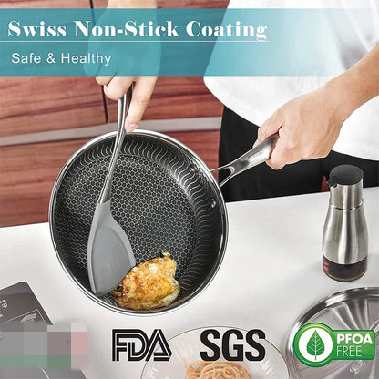 LMETJMA Stainless Steel Frying Pan Nonstick Honeycomb Fry Pan With Lid Induction Ceramic