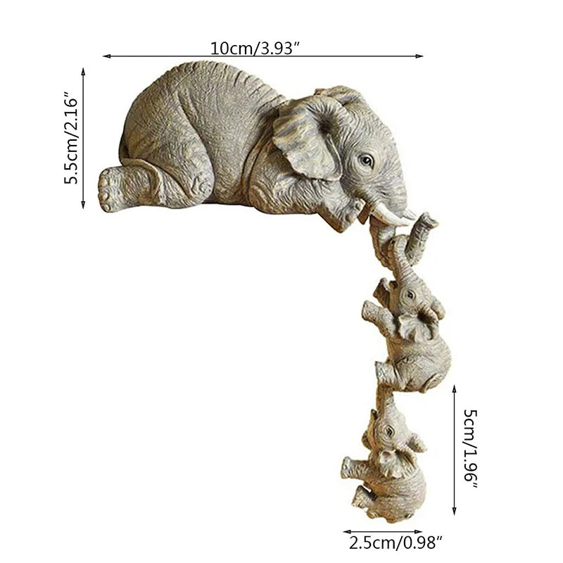 "Elephant Family Figurine Set: Mother and Two Babies Hanging Shelf Decor"