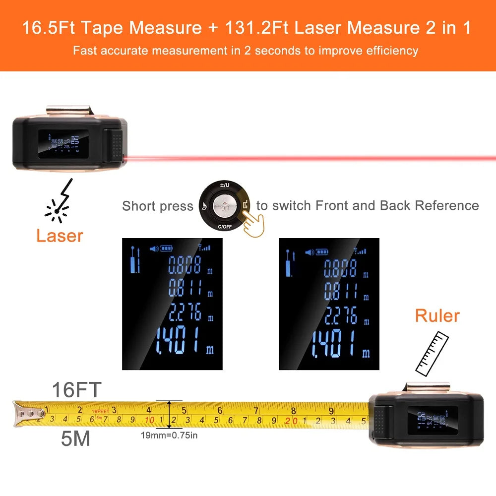 Multifunctional Laser Distance Meter 40/60M – 3-in-1 Digital Measuring Tool with 5m Steel Tape