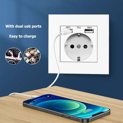 Universal EU Wall Socket with Dual USB Ports 5V 2.1A for Fast Charging