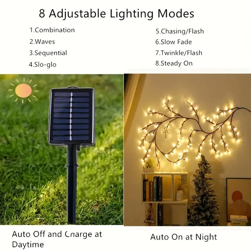 "Solar-Powered Rattan Branch String Lights with 72 LEDs for Home and Wedding Decor"