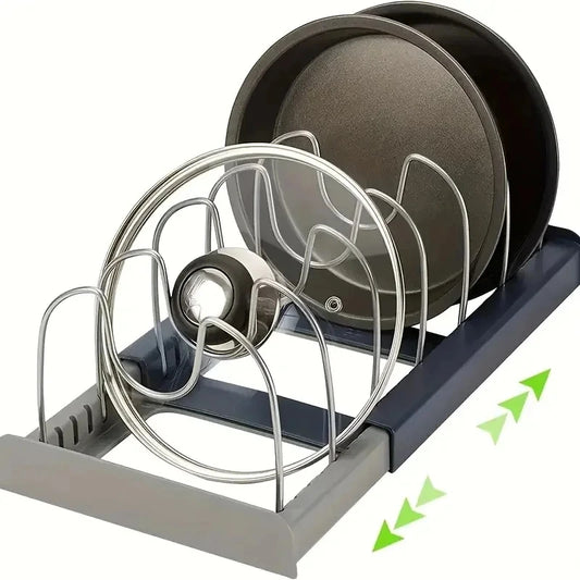 "Expandable Stainless Steel Kitchen Storage Rack – Pot, Pan, Lid & Cutting Board Organizer"